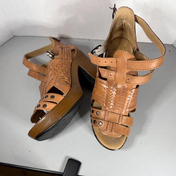 Macarena Woven Leather Platform Sandals Tan Block Heel Boho Festival Style Sz 8 - Picture 7 of 10